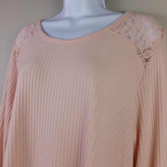 Faded Glory Pink Lace Shoulder Long Sleeve Waffle Knit Top Size XL - Picture 3 of 6